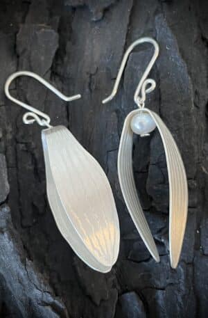 Boucles d'oreilles feuille de gui en argent 925 et perle de culture